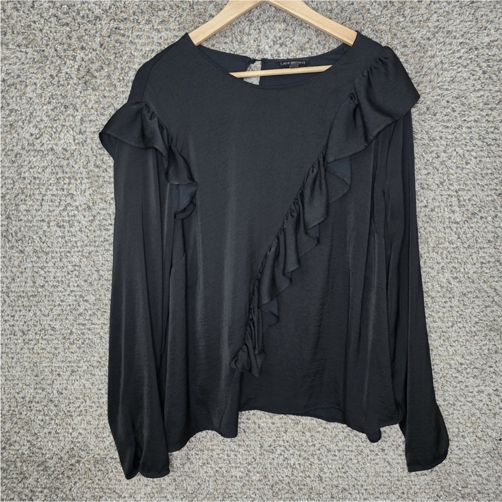 Lane Bryant Top Womens Plus 24 Black Ruffle Keyhole Button Blouse Ladies